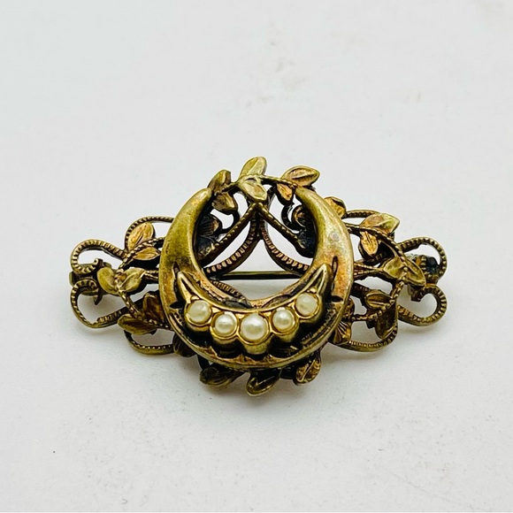 Antique Victorian Edwardian Gold Crescent Moon With Seed Pearls Brooch - Picture 9 of 15